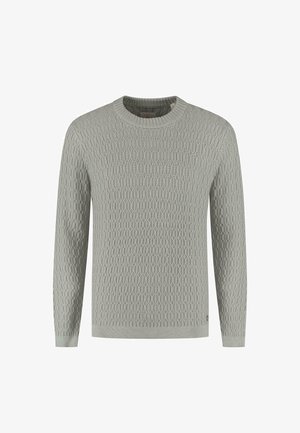 Light grey knitted sweater featuring a textured pattern, crew neck, and long sleeves. Made from a soft, breathable material.