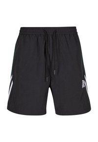 Sorte atletiske shorts med snørelukning i taljen. Har grønne sidelæg og hvide striber. Fremstillet af letvægtsstof. Logo på underbenet.