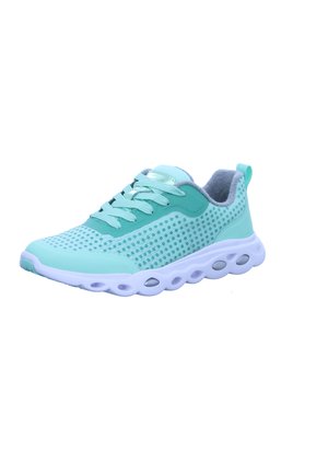 Lightweight sneakers in teal with perforated upper, padded collar, and white outsole featuring circular cutouts for ventilation and comfort.