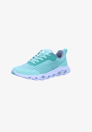 Leichte Sneakers in Aqua mit perforiertem Obermaterial, gepolstertem Kragen und weißer Außensohle mit runden Ausschnitten für Belüftung und Komfort.