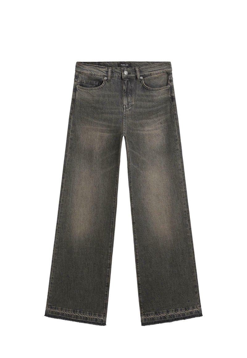 Džínsy s širokými nohavicemi v černém denimě s vybledlým ombré, obsahující klasický design s pěti kapsami a roztrhaným lemem.