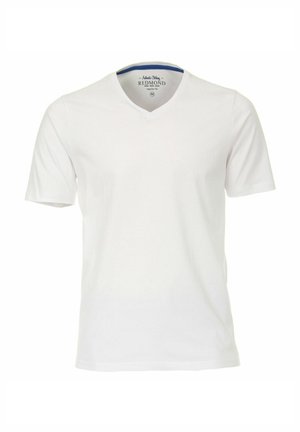 Biała koszulka z krótkim rękawem i dekoltem w serek, wykonana z miękkiej bawełny, z niebieskim akcentem wewnętrznej części dekoltu oraz regularnym krojem.