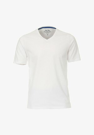 Biała koszulka z krótkim rękawem i dekoltem w serek, wykonana z miękkiej bawełny, z niebieskim akcentem wewnętrznej części dekoltu oraz regularnym krojem.