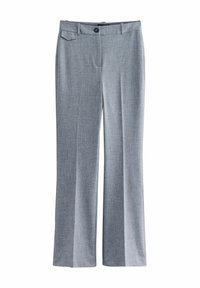 Pantalon tailleur pour femme gris clair, jambes droites, taille avec passants pour ceinture, fermeture à boutons et petit détail de poche à rabat.