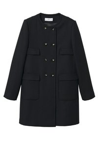 Manteau noir croisé avec encolure ronde, six boutons et quatre poches à rabat, présenté sur fond blanc.