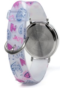 Montre pour enfants avec un bracelet en silicone transparent, ornée de motifs de cœurs roses et bleus. Fond en métal estampillé "Kiddus", résistant à l'eau.