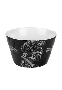 Ciotola in ceramica nera con interni bianchi, decorata con dettagliati grafismi grigi della serie di Harry Potter, inclusi simboli e testo.