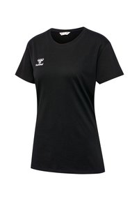Black short-sleeve women's T-shirt with round neck and white hummel logo on left chest, displayed on white background.
