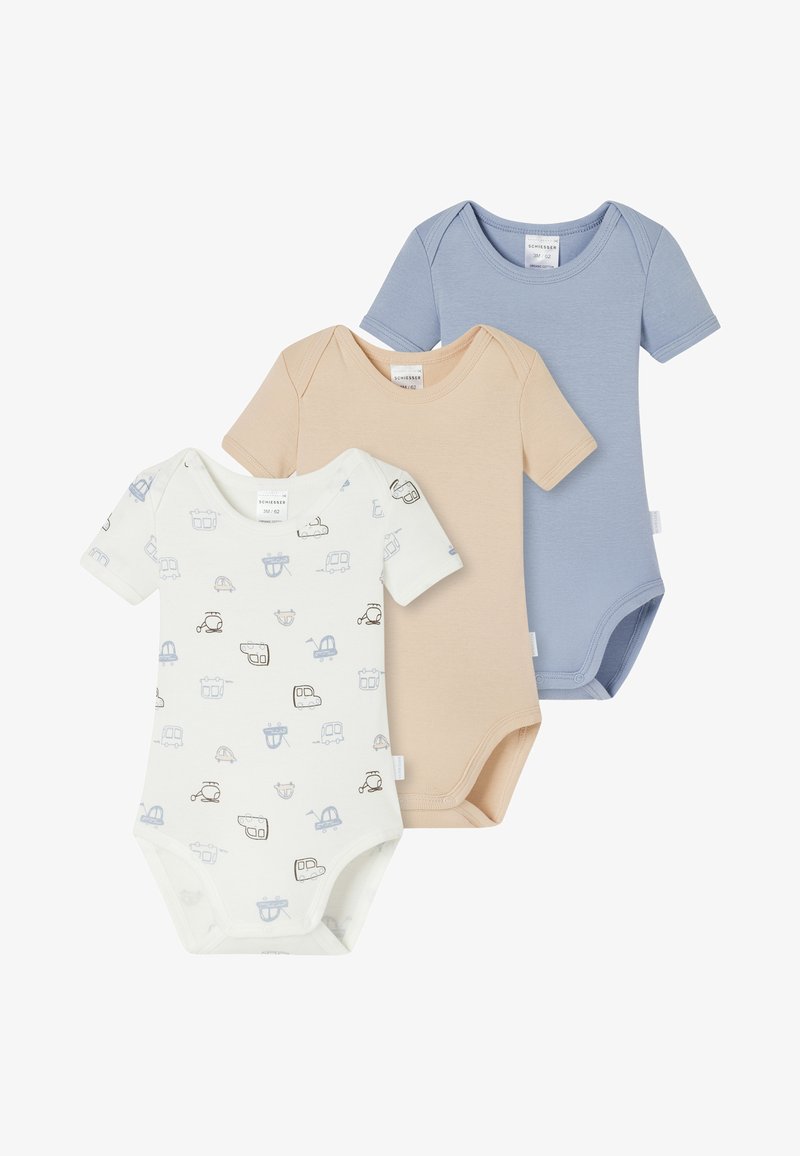 Drie korte mouwen rompertjes: een lichtblauw, een perzikkleurig en een witte met blauwe en bruine voertuigpatronen. Zachte katoenstof, drukknoopsluitingen.