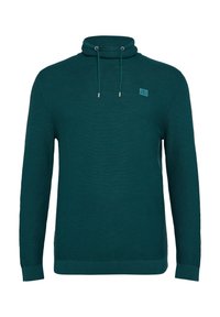 Tegengroen pullover met een hoge hals en een trekkoord. Ribbelstructuur, lange mouwen en een klein logo op de borst.