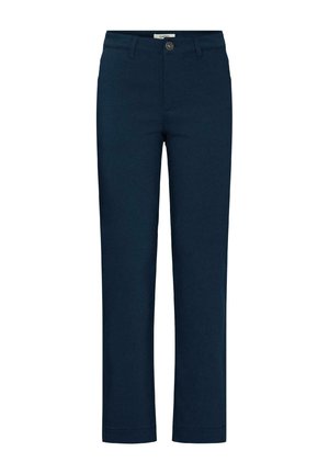 Pantalon droit bleu marine avec fermeture à bouton et fermeture éclair à l'avant, passants pour ceinture et design simple.