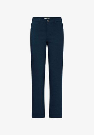 Pantalon droit bleu marine avec fermeture à bouton et fermeture éclair à l'avant, passants pour ceinture et design simple.