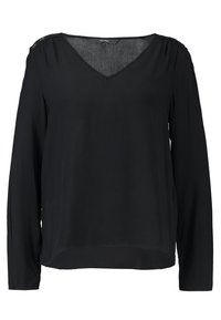 Blouse noire à manches longues avec un col en V et de légers détails aux épaules. Confectionnée dans un tissu lisse, elle présente une coupe décontractée et un ourlet légèrement arrondi.