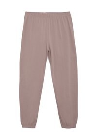 Helle mauve Jogginghosen aus weichem Stoff. Elastischer Bund und Bündchen mit lockerer Passform und ohne zusätzliche Muster oder Akzente.