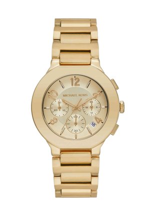 Goudkleurig Michael Kors polshorloge met schakelarmband, chronograaf subdials, datumweergave en Arabische cijfers op 2, 4, 8, 10 en 12 uur.