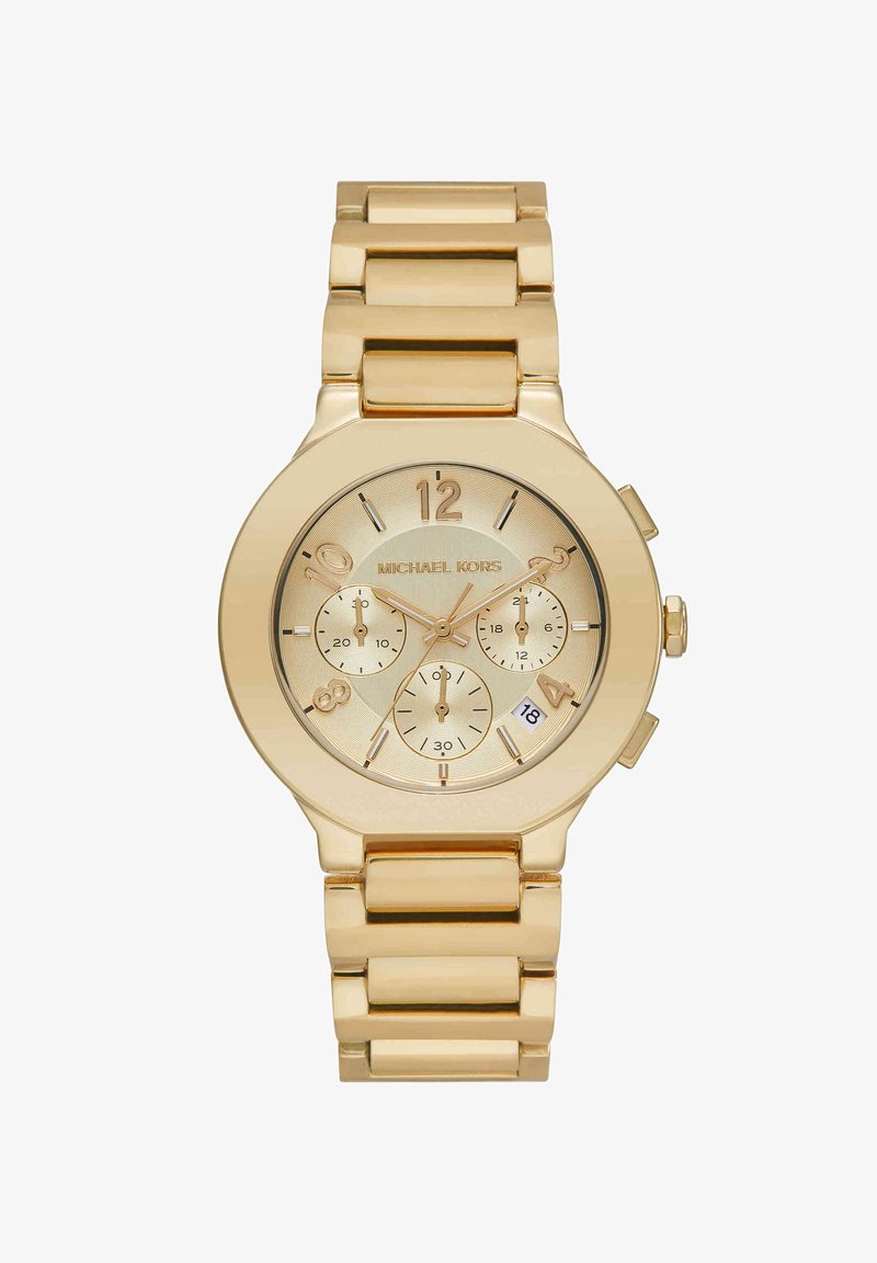 Goudkleurig Michael Kors polshorloge met schakelarmband, chronograaf subdials, datumweergave en Arabische cijfers op 2, 4, 8, 10 en 12 uur.