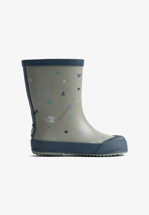 Cizme de ploaie din cauciuc, de culoare gri deschis, cu modele multicolore de litere. Manșetă impermeabilă albastră și talpă texturată albastru închis cu caneluri pentru aderență.