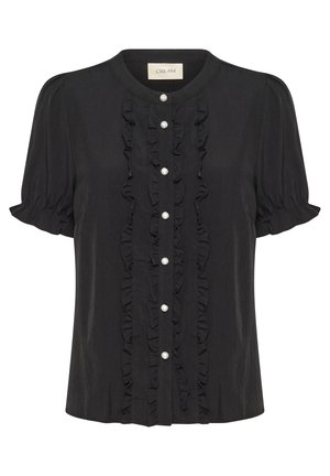 Blusa nera a maniche corte con dettaglio arricciato sul davanti, scollatura rotonda e chiusure con bottoni perla. Realizzata in un tessuto morbido e leggero.