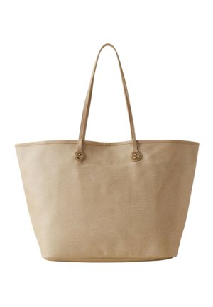 Borsa tote in pelle beige con texture, dotata di due sottili spallacci e di una forma spaziosa leggermente trapezoidale.