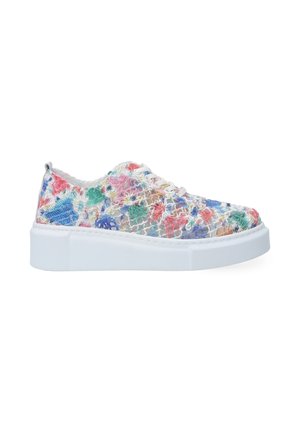 Lace-up sneakers with a transparent mesh upper featuring colorful floral patterns, white rubber sole, and textured detailing.