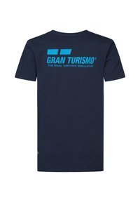 Námorně modré bavlněné tričko s krátkým rukávem; má velké tyrkysové logo "GRAN TURISMO" a malý text "THE REAL DRIVING SIMULATOR" na zadní straně.