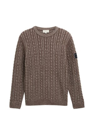 Brauner gestrickter Pullover mit gerippter Textur, Rundhals und langen Ärmeln. Inklusive eines schwarzen Stofftags am linken Ärmel.