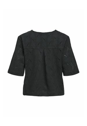 Blouse noire avec un motif de vagues texturé, manches courtes, encolure ronde et dos plissé pour plus de détails.