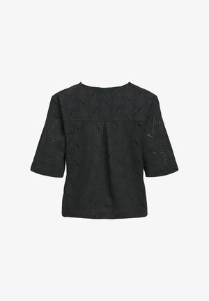 Blouse noire avec un motif de vagues texturé, manches courtes, encolure ronde et dos plissé pour plus de détails.