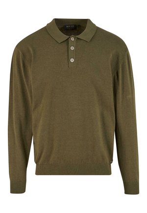 Maglione polo a maniche lunghe verde oliva con polsini a coste, orlo e colletto con patta a tre bottoni.