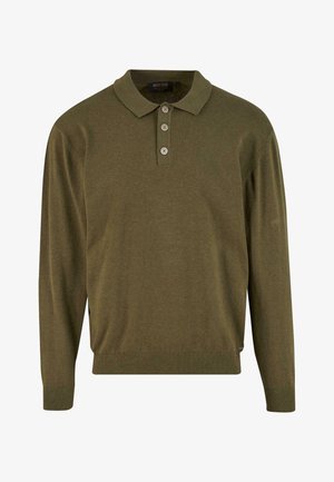 Maglione polo a maniche lunghe verde oliva con polsini a coste, orlo e colletto con patta a tre bottoni.