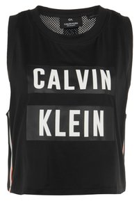 Musta urheilullinen hihaton toppi, jossa on pyöreä pääntie ja näyttävät valkoiset Calvin Klein -logot tekstuuripaneeleissa.