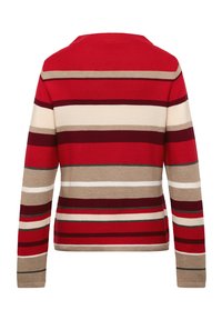 Rot-beige gestreifter Pullover mit Rundhalsausschnitt, langen Ärmeln und geripptem Stoff, mit wechselnden breiten und schmalen Streifen.