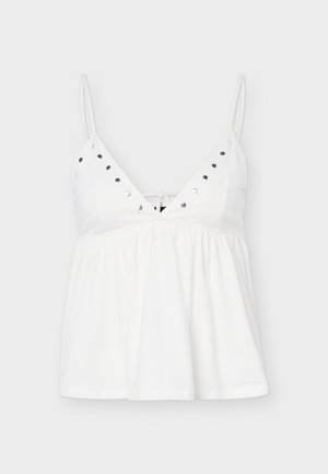 Top alb fără mâneci pentru femei, cu bretele subțiri, decolteu în V, cusături argintii de-a lungul decolteului și talie adunată, lejeră.