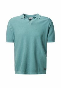 Lichtgroen poloshirt met korte mouwen, V-hals, geribbelde kraag en textuurstof, met een klein zwart logo op de zoom.