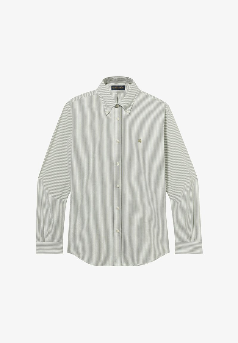 Chemise pour hommes à manches longues avec fines rayures verticales grises, col pointu et petit logo brodé sur la poitrine.