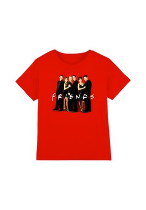 Red T-shirt featuring six people standing together and the word "FRIENDS" in white uppercase letters across the center.