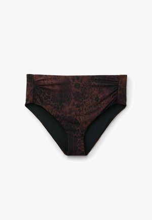 Spodní díl bikin s tmavě hnědým leopardím vzorem, našitými bočními řasenými detaily a jednobarevným černým vnitřkem, vyrobený z elastické plavkové látky.
