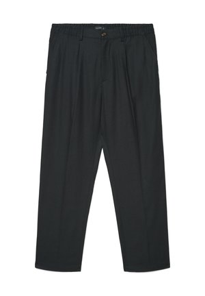 Schwarze Hose mit geradem Bein, elastischem Bund, Knopfverschluss, Gürtelschlaufen und Seitentaschen, flach auf weißem Hintergrund ausgelegt.