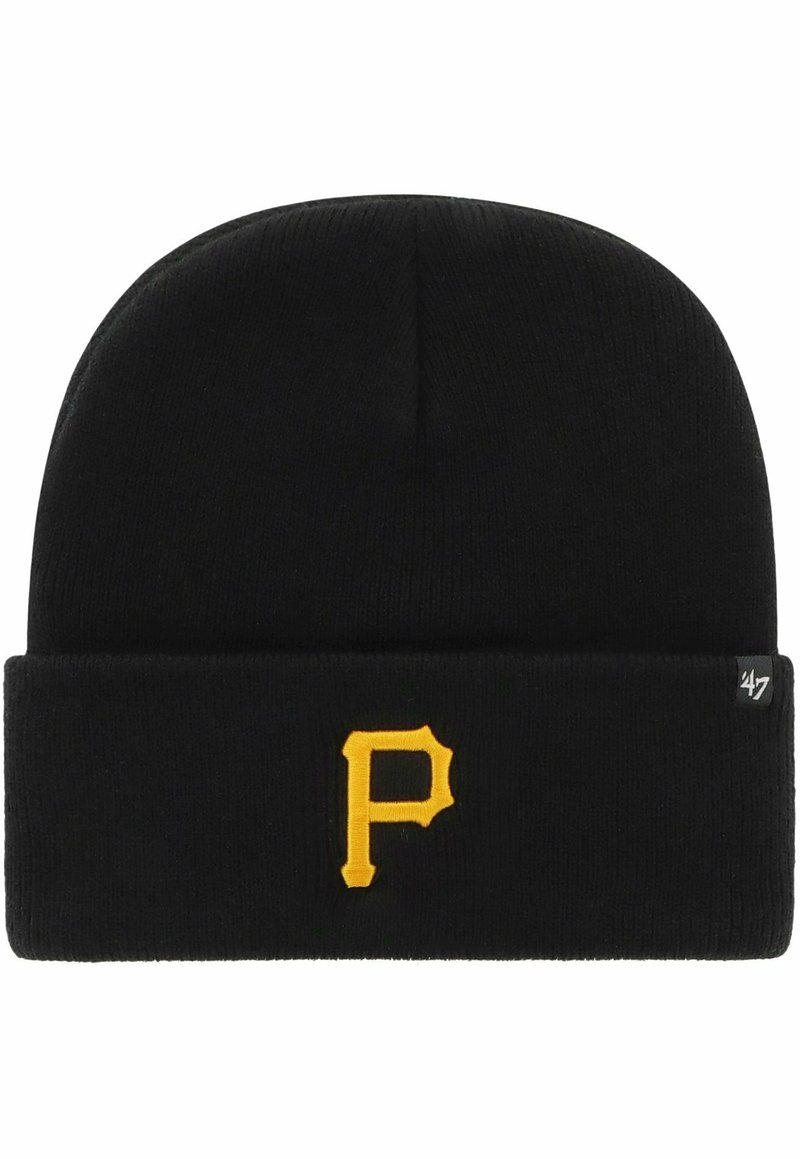 Gorro negro de punto con un dobladillo y un logotipo "P" bordado en amarillo. Está hecho de una tela suave con una textura acanalada.