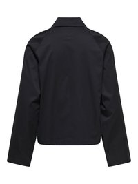 Veste noire à manches longues avec col, vue de dos, avec un tissu simple et lisse et un ourlet droit.