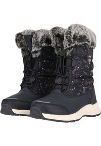 Marineblau Winterstiefel mit einem weichen grauen Kunstfellkragen, Stoff mit Sternenmuster, Schnürsenkeln an der Vorderseite und weißen Gummisohlen für besseren Halt.