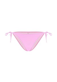 Parte inferiore di bikini rosa con chiusure laterali a fiocco, texture liscia e design semplice. Ha un taglio a vita bassa e copertura minima.