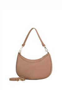 Braune Ledertasche mit geschwungener Form, ausgestattet mit einem Reißverschluss, kurzem Griff und abnehmbarem Riemen. Enthält goldfarbene Metallakzente.