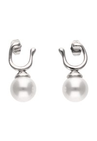 Srebrne naušnice s kuka koje sadrže bijele biserne perle, s poliranim završetkom i glatkom teksturom. Dizajn ima zakrivljeni oblik i sigurno pričvršćivanje.