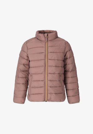 Lila gesteppte Jacke mit horizontaler Steppung, hohem Kragen, langen Ärmeln und einem vorderen Reißverschluss mit gelber Einfassung.