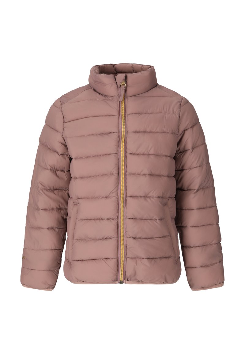 Veste matelassée mauve avec un quilting horizontal, col montant, manches longues et une fermeture éclair à l'avant avec une bordure jaune.