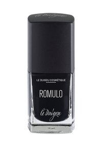 Smalto nero in una bottiglia di vetro quadrata con un tappo nero opaco. Il testo sulla bottiglia include "ROMULO" e "le Duigou Cosmétique."