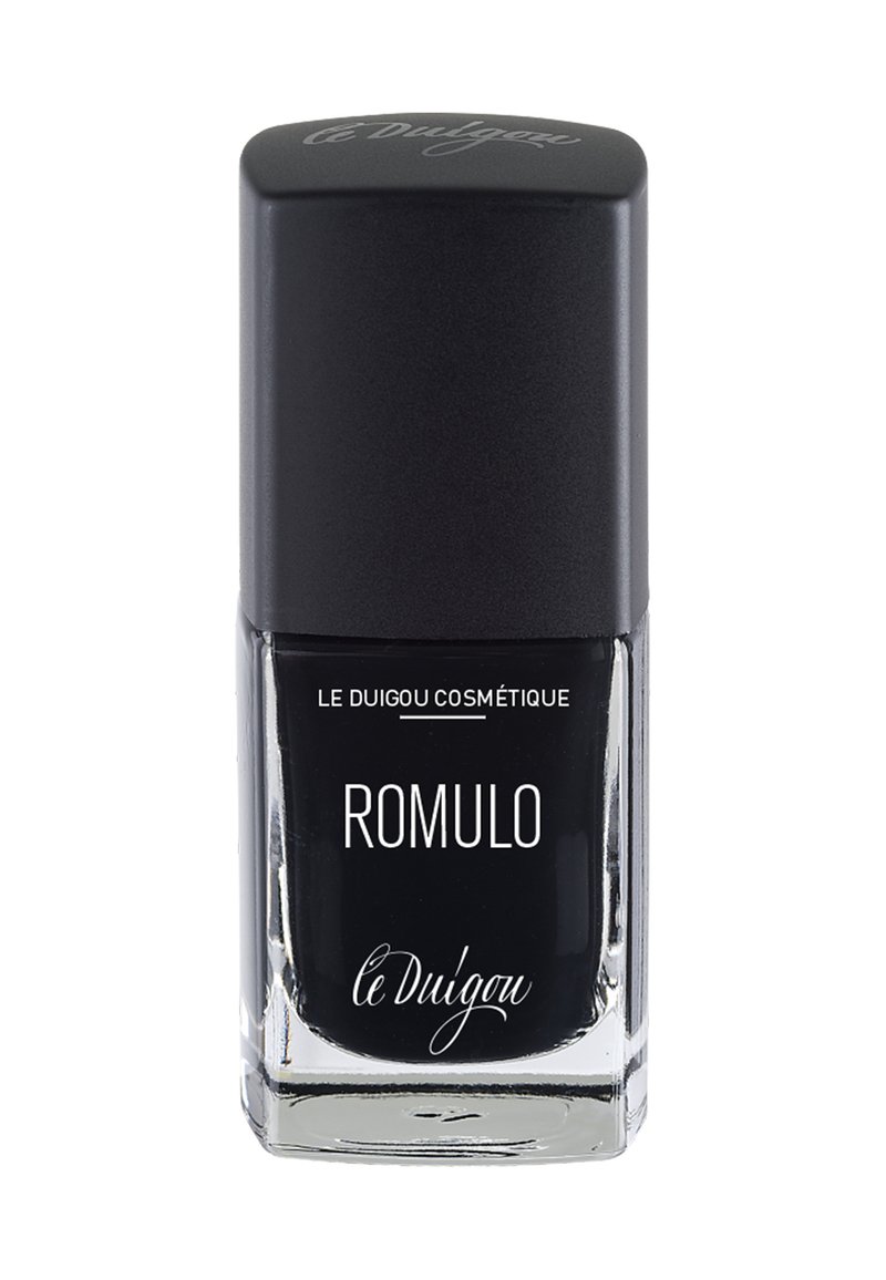 Smalto nero in una bottiglia di vetro quadrata con un tappo nero opaco. Il testo sulla bottiglia include "ROMULO" e "le Duigou Cosmétique."