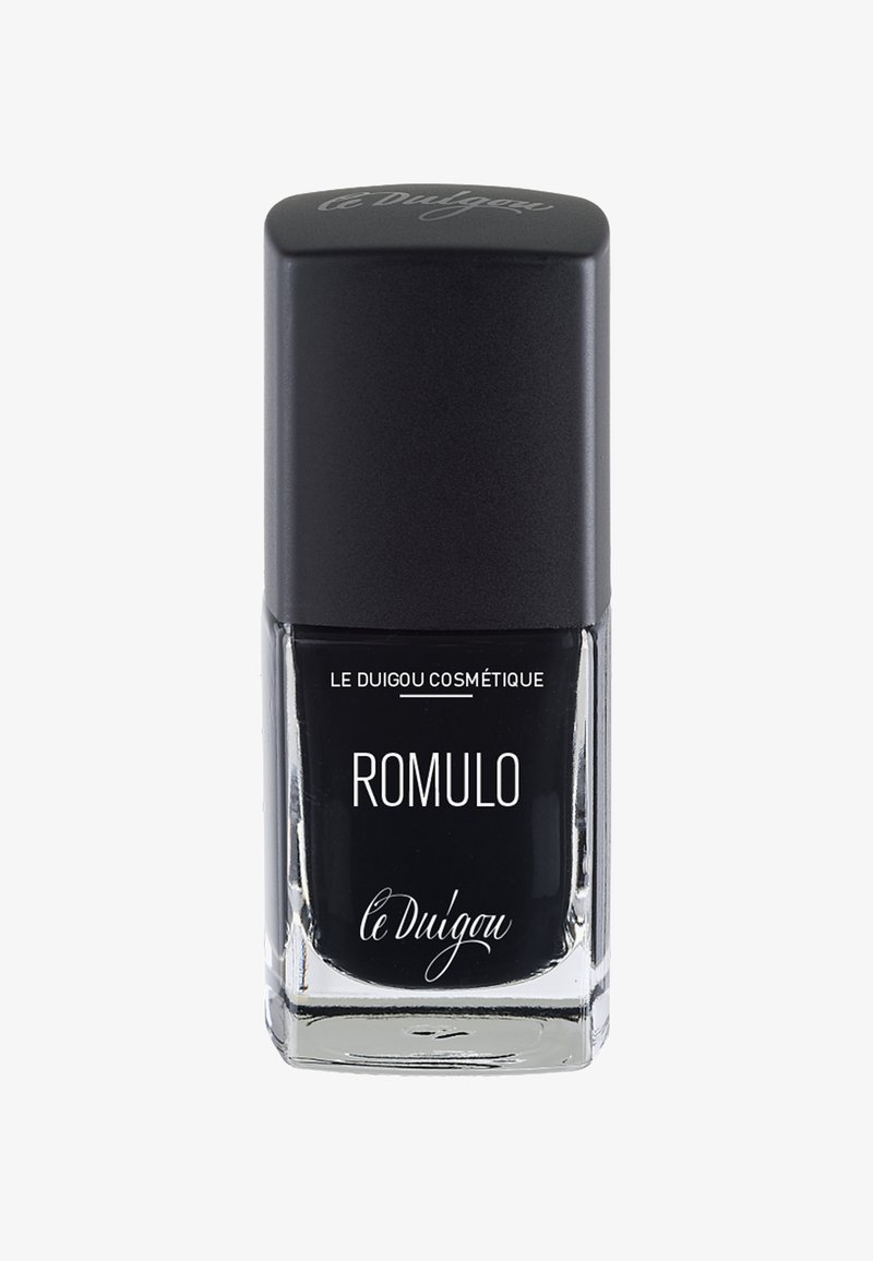 Smalto nero in una bottiglia di vetro quadrata con un tappo nero opaco. Il testo sulla bottiglia include "ROMULO" e "le Duigou Cosmétique."