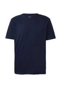 Marineblauwe T-shirt van zacht materiaal, met een ronde hals, korte mouwen en een relaxte pasvorm met een subtiele textuur.